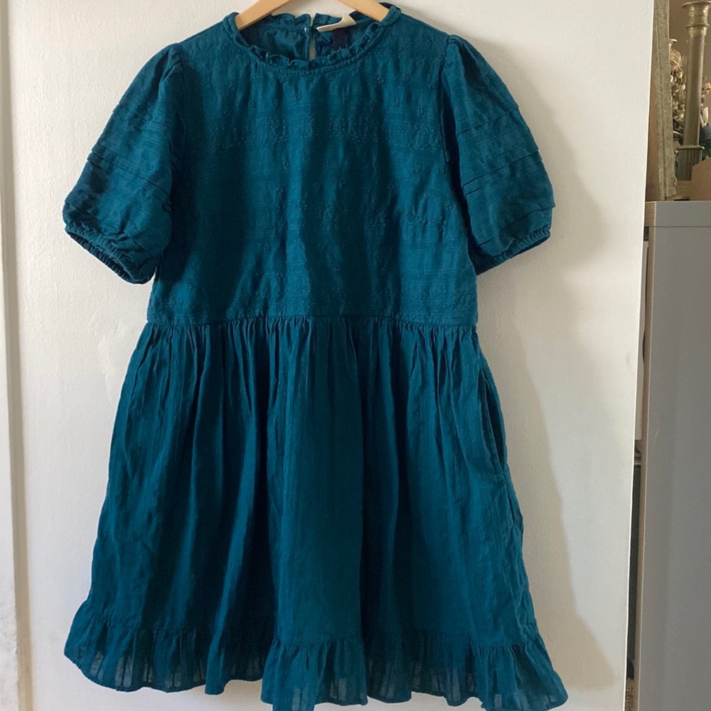 Green puff sleeve embroidered dress with pockets